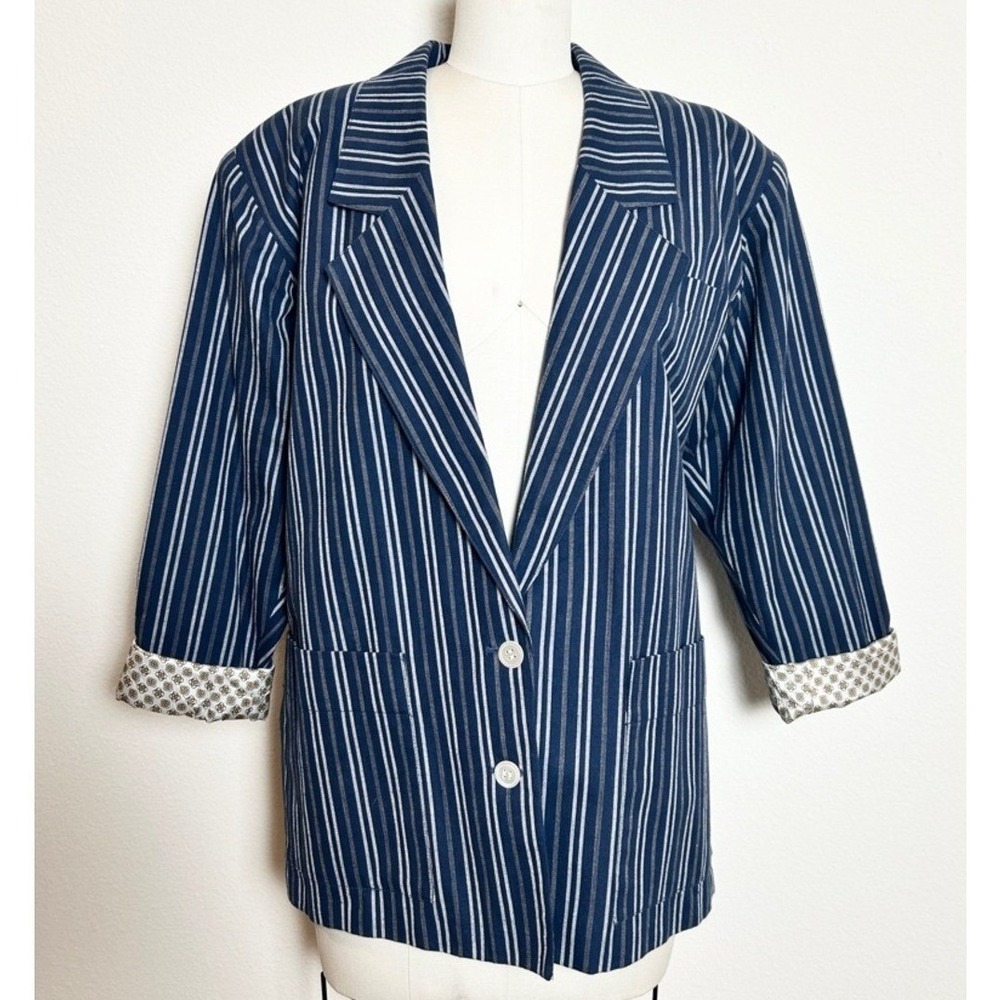 Liz Claiborne Blue White Cotton Striped Vintage Blazer Jacket Women Size 6P